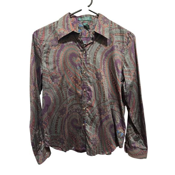 Lauren Ralph Lauren Paisley Multicolor Long Sleeve Button Down Shirt Petite Sz M - Picture 1 of 9